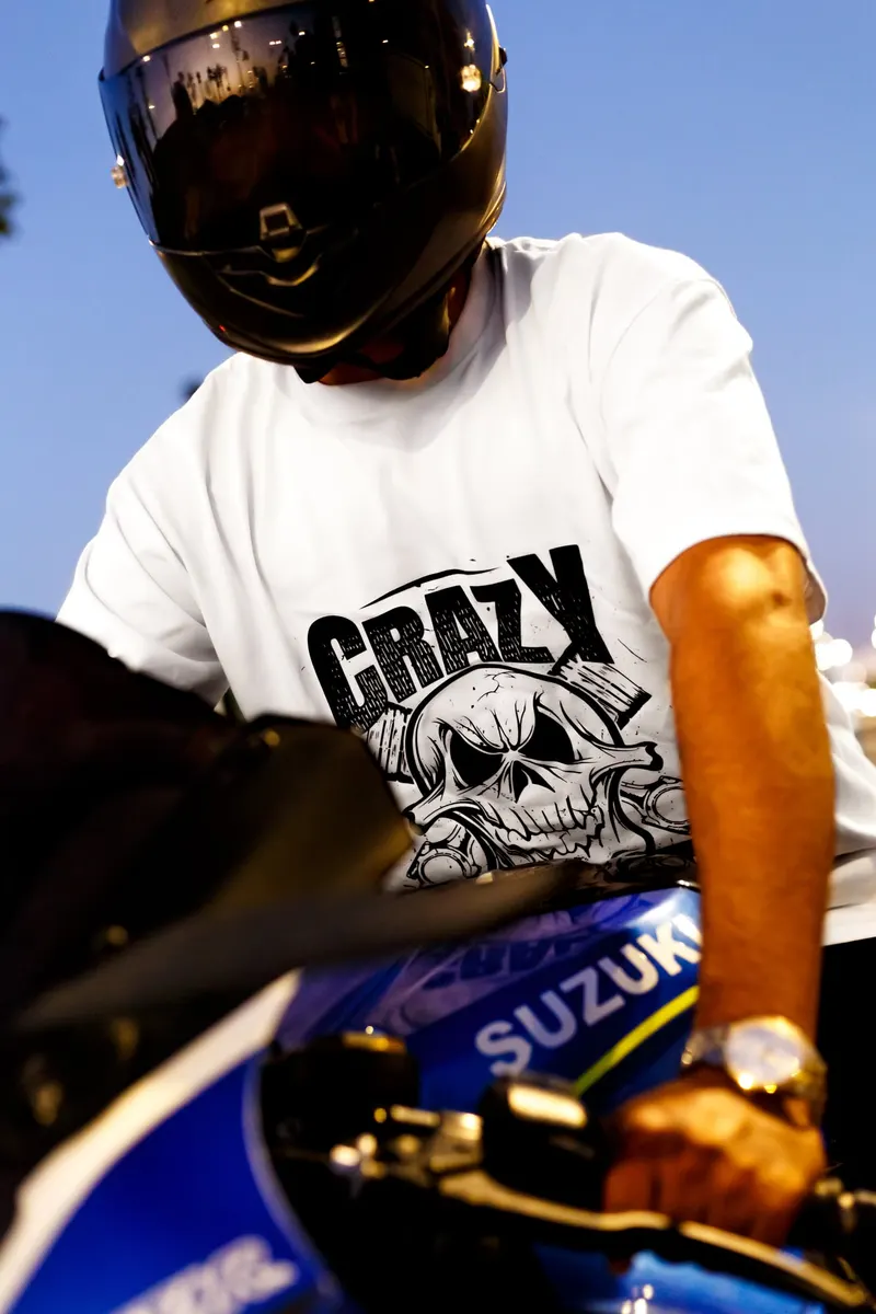 Close-up of a skull print tee with a motorcycle helmet - Dragonzay Photography