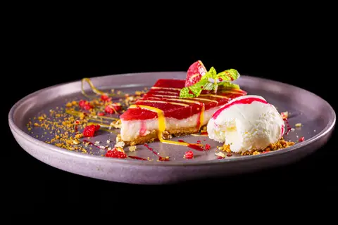 Red berry cheesecake with a scoop of ice cream - Dragonzay Photography